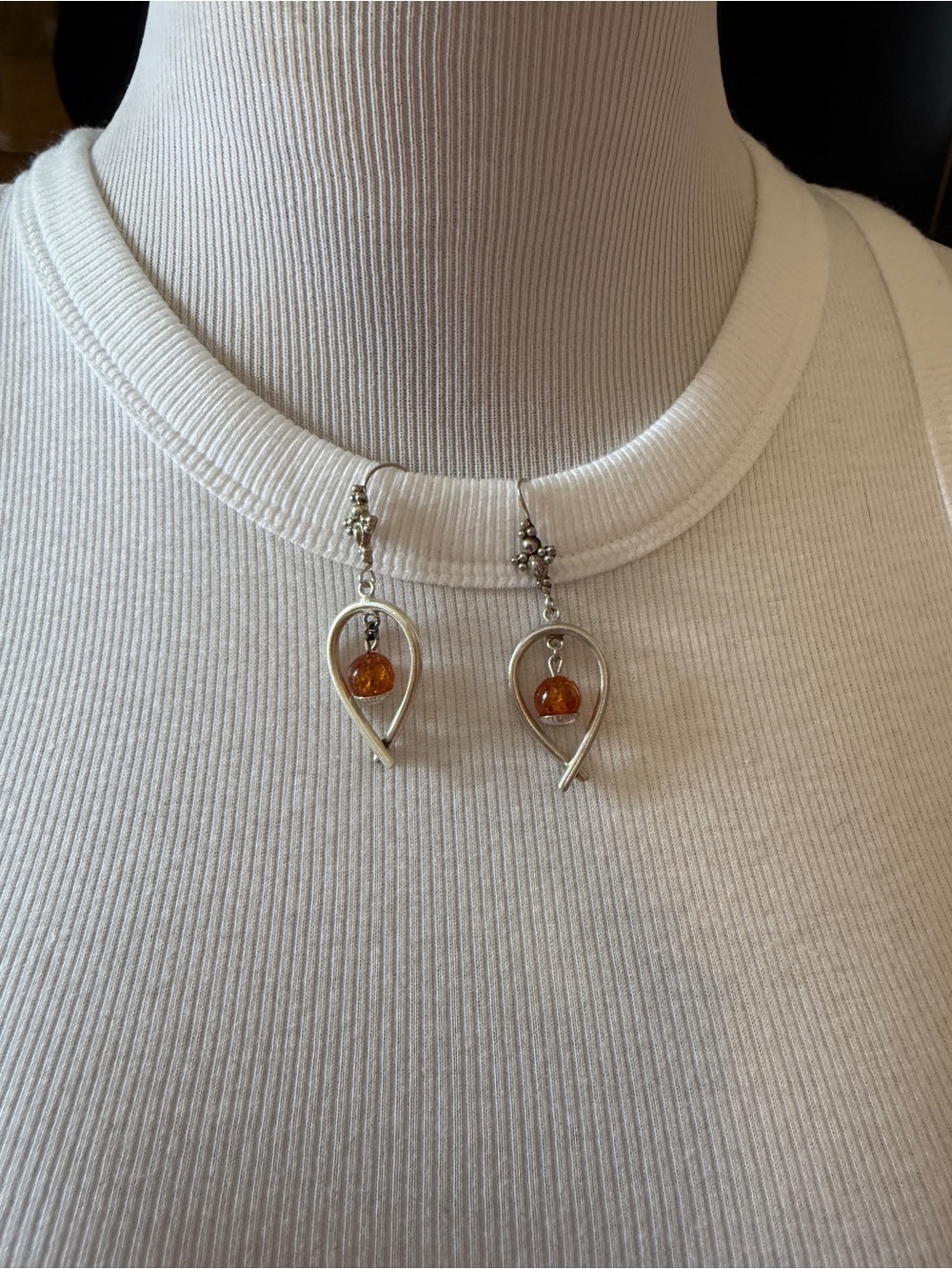 Silver 925 Teardrop Earrings with Amber Bead - Women Jewelry